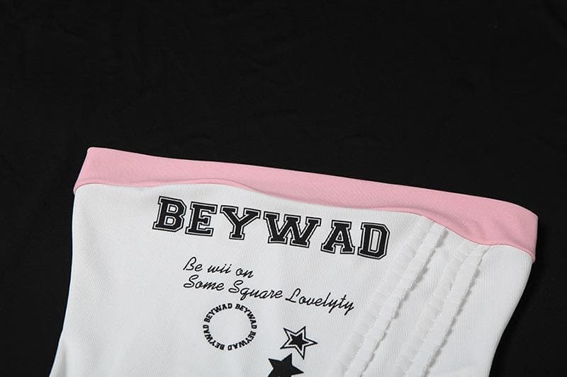 Ribbed “BEYWAD” print patchwork ruffle tube top