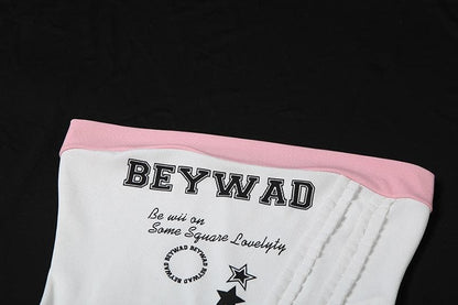 Ribbed “BEYWAD” print patchwork ruffle tube top