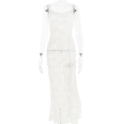 Lace see through self tie solid backless slit maxi dress