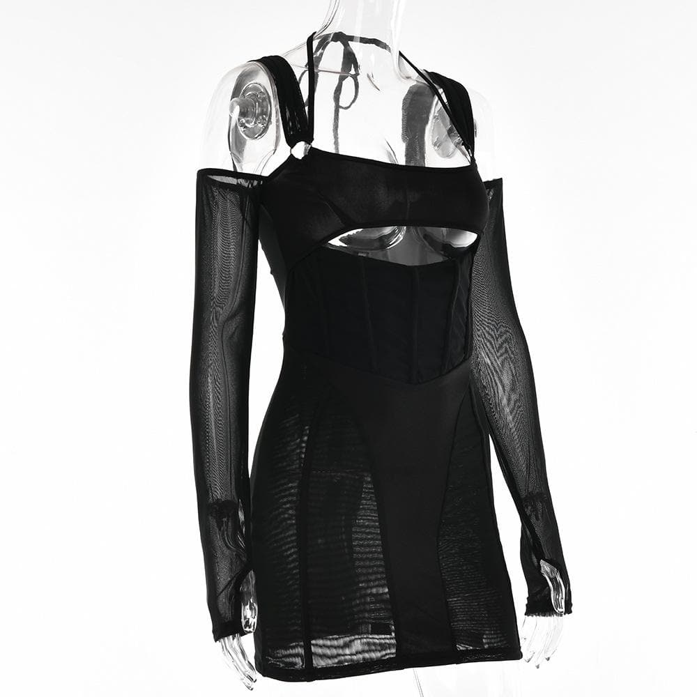 Gloves mesh corset off shoulder hollow out long sleeve halter cut out mini dress