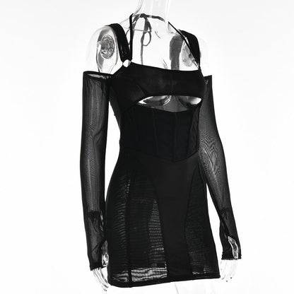 Gloves mesh corset off shoulder hollow out long sleeve halter cut out mini dress
