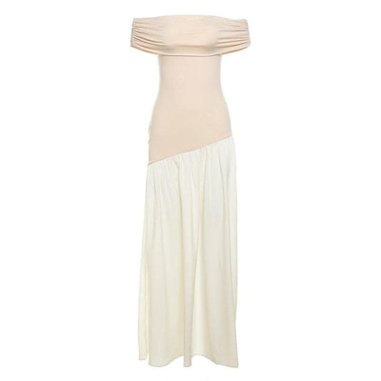 Off shoulder contrast backless maxi dress-final-sale