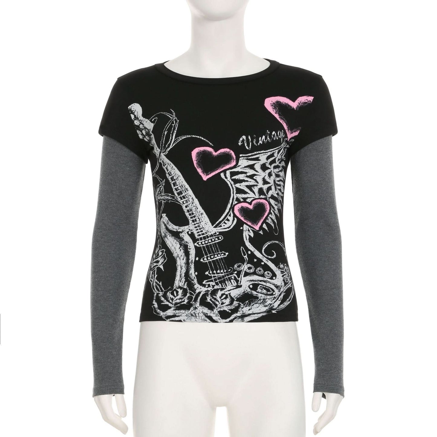 Long sleeve crewneck abstract print patchwork top
