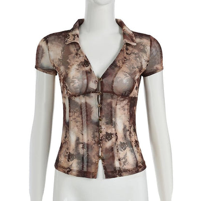 Short sleeve tie dye button sheer mesh top