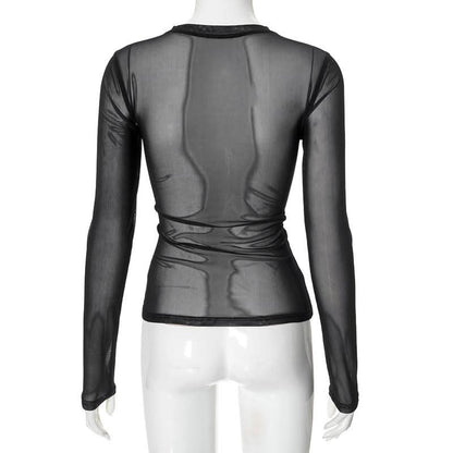Long sleeve crewneck figure print sheer mesh top