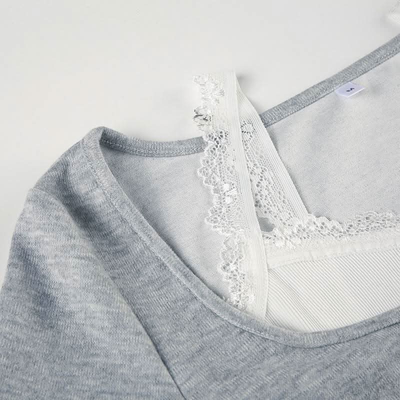 U neck long sleeve lace hem drawstring 2 piece top