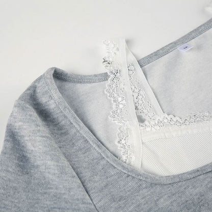 U neck long sleeve lace hem drawstring 2 piece top