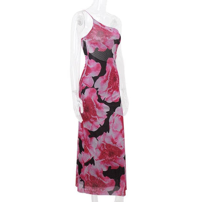 One shoulder irregular flower print cami midi dress