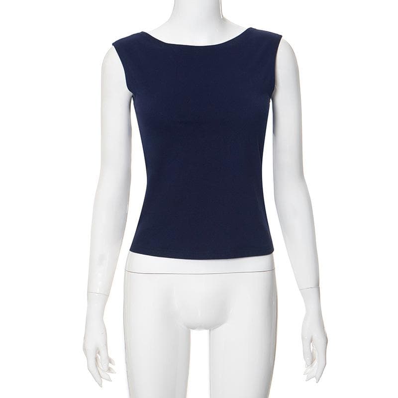 Self tie backless solid cap sleeve round neck top