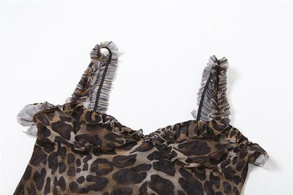 Leopard print v neck ruffle mesh cami mini dress
