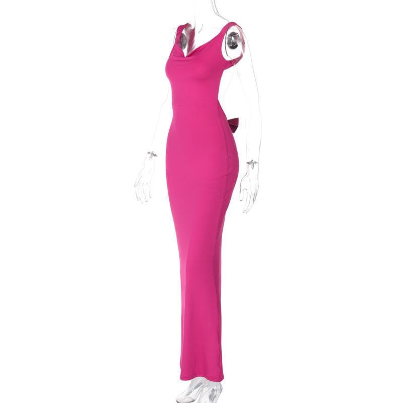 Cowl Neck Sleeveless Bow Back Mermaid Bodycon Maxi Dress