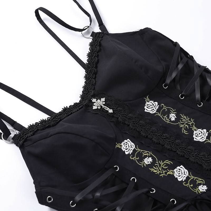 Sweetheart neck embroidery ruffle lace up cami mini dress