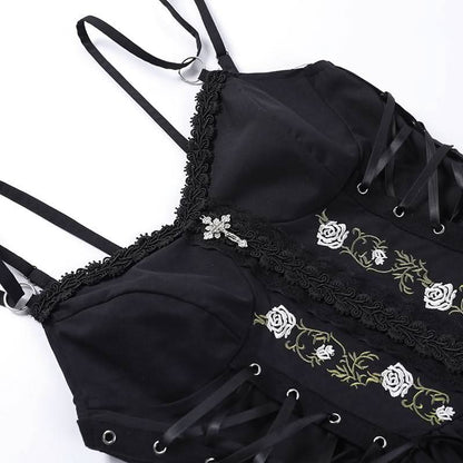 Sweetheart neck embroidery ruffle lace up cami mini dress