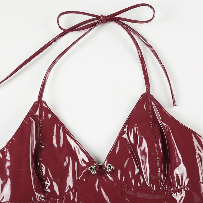 Halter v neck zip-up PU leather top