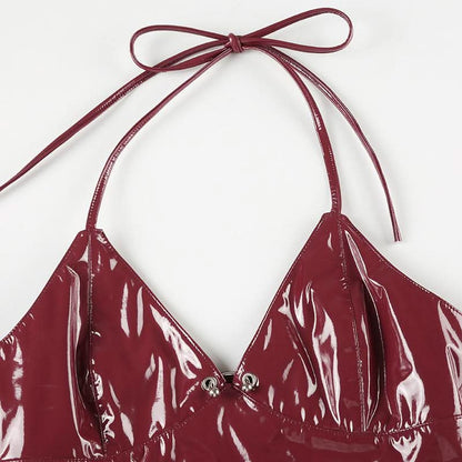 Halter v neck zip-up PU leather top