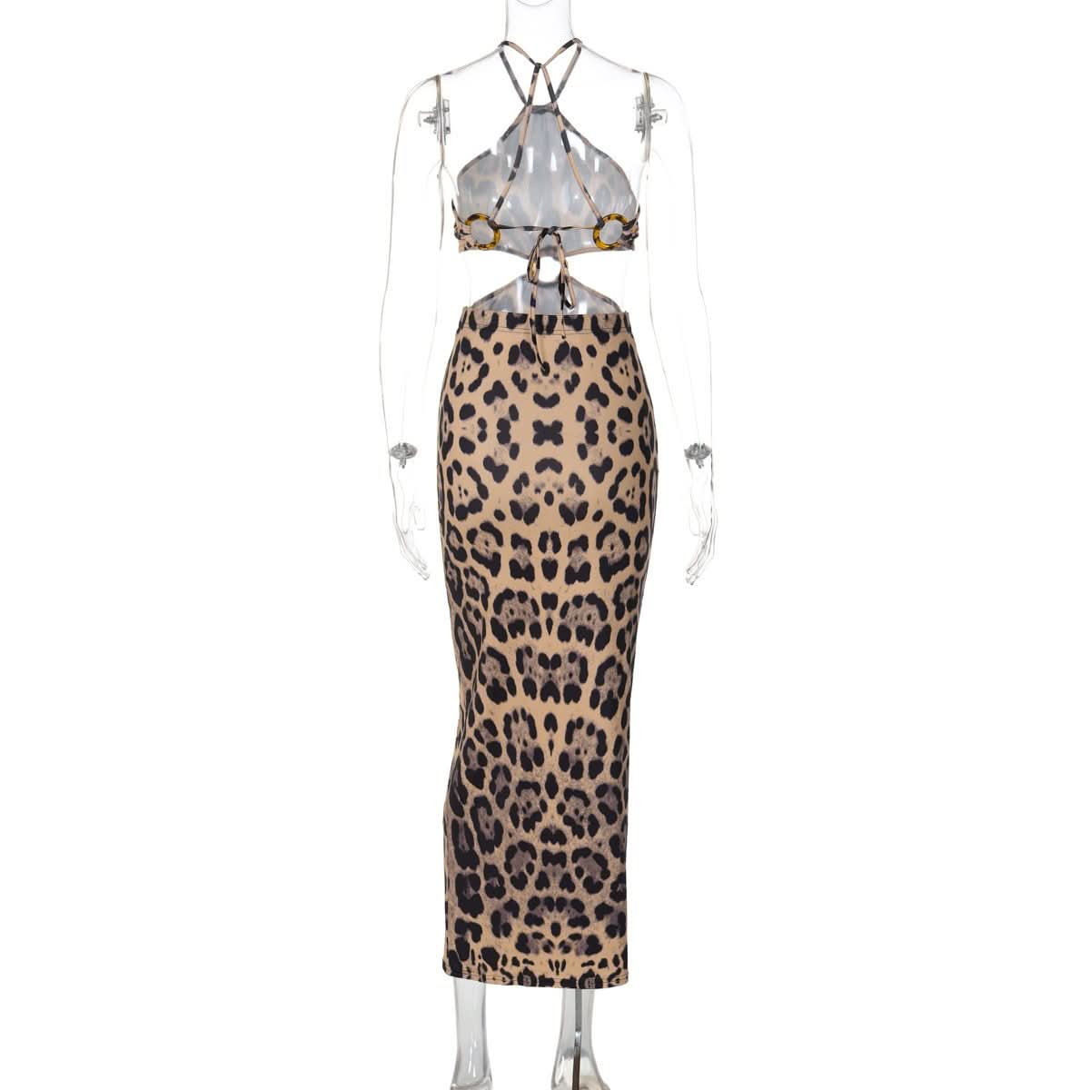 Leopard print halter o ring backless maxi dress