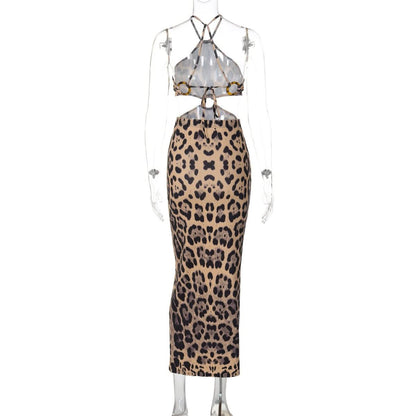 Leopard print halter o ring backless maxi dress