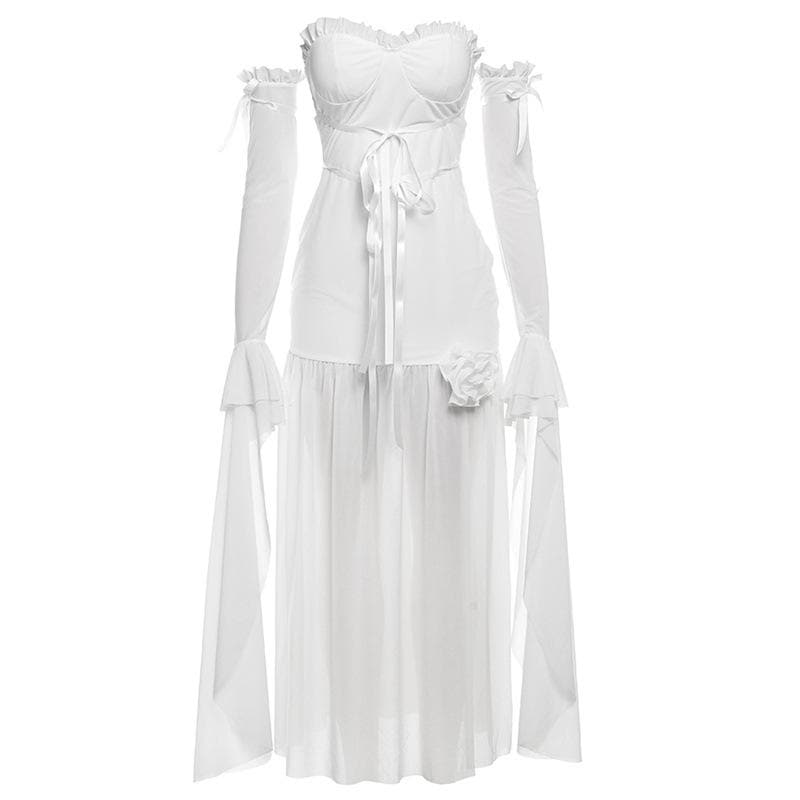 Long flared sleeve off shoulder rose applique maxi dress-final-sale