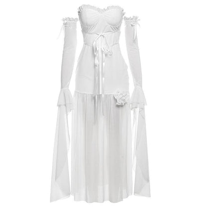 Long flared sleeve off shoulder rose applique maxi dress-final-sale