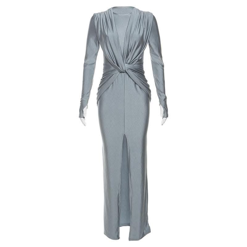Knotted slit solid long sleeve ruched maxi dress-final-sale