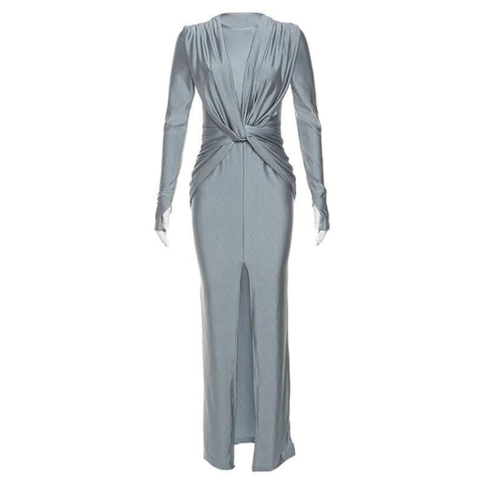 Knotted slit solid long sleeve ruched maxi dress-final-sale