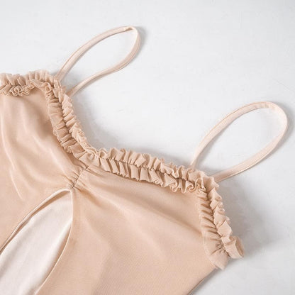 Ruffle ruched lace hem hollow out cami cut out maxi dress