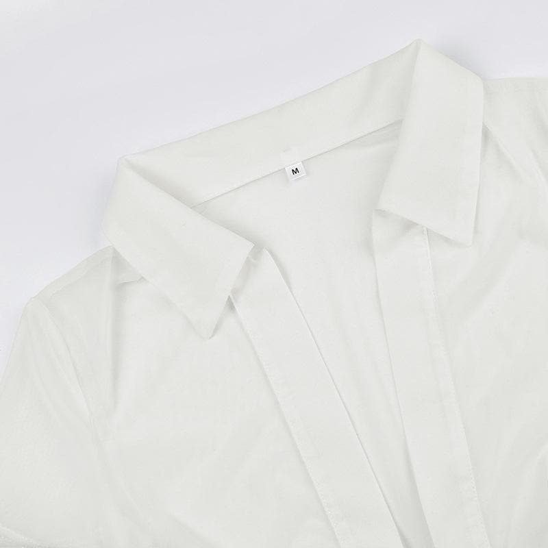 Knotted short sleeve turnover collar sheer mesh see through crop top