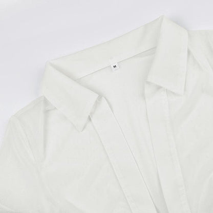Knotted short sleeve turnover collar sheer mesh see through crop top