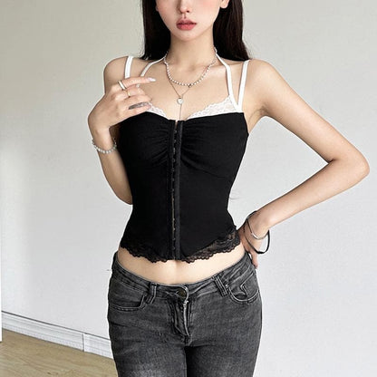 Halter lace hem button patchwork ribbed cami top