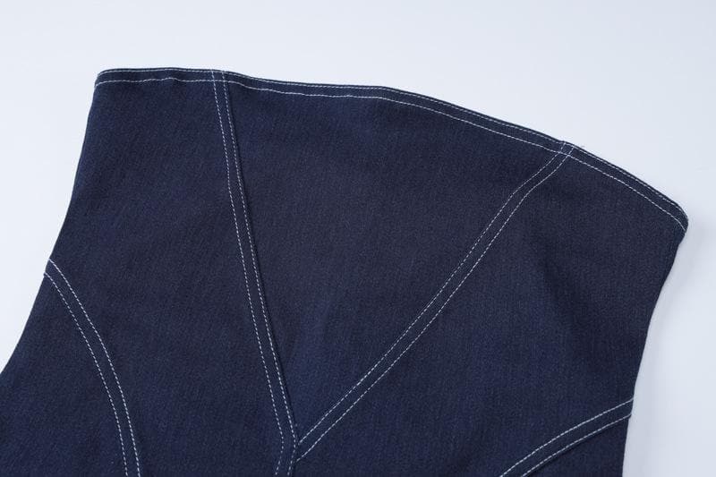Denim stitch zip-up backless tube mini dress