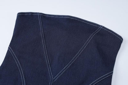 Denim stitch zip-up backless tube mini dress