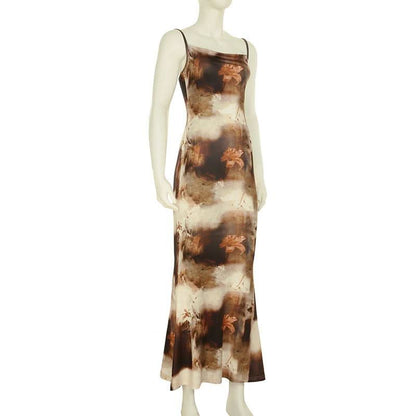 Square neck contrast flower print cami maxi dress