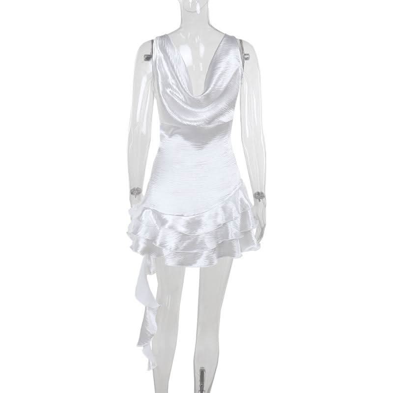 Ruffle deep V neck ruched irregular solid mini dress