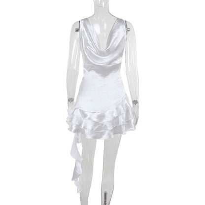 Ruffle deep V neck ruched irregular solid mini dress