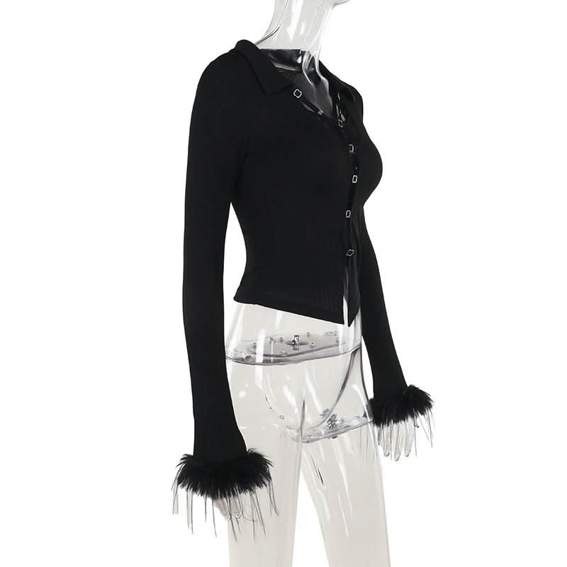 Turnover collar long sleeve fluffy button knitted top