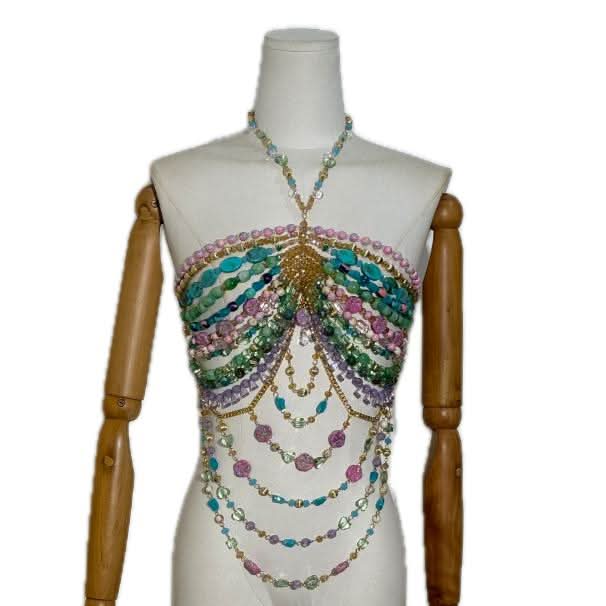 Halter beaded metal chain hollow out cut out top