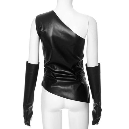 One shoulder gloves PU leather zip-up ruched top