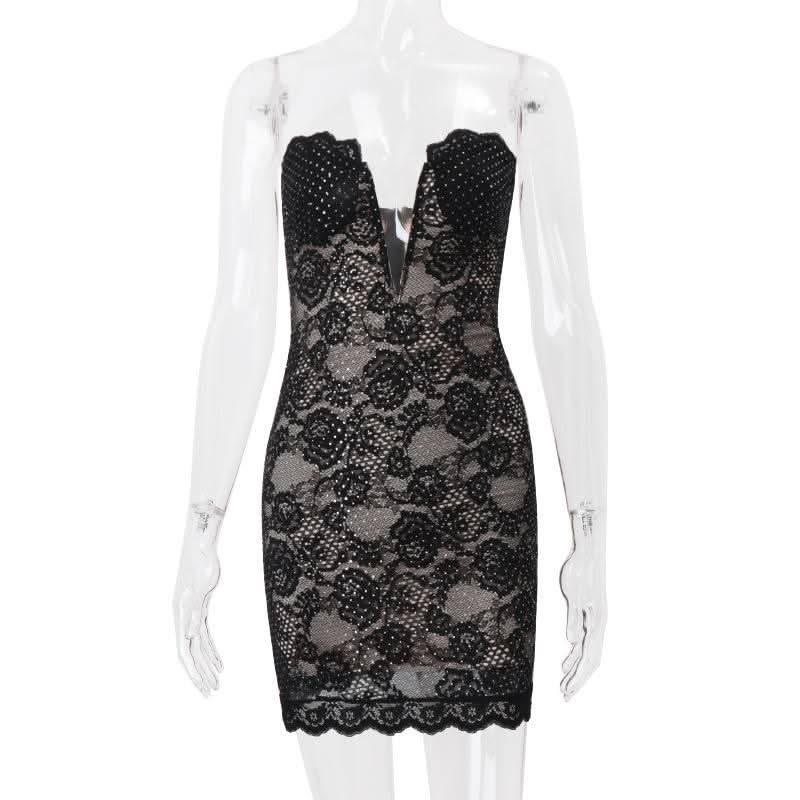 Lace hem beaded backless zip-up tube mini dress