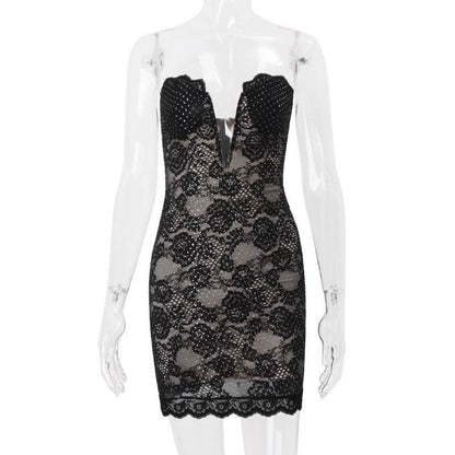 Lace hem beaded backless zip-up tube mini dress