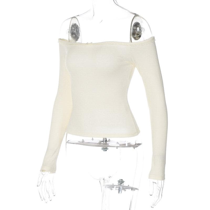 Long sleeve off shoulder bowknot lace hem backless top