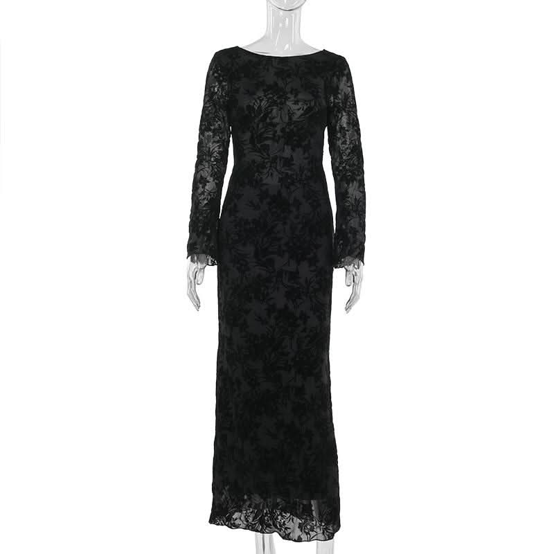 Round neck long sleeve self tie flower print maxi dress