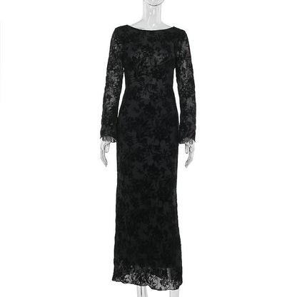 Round neck long sleeve self tie flower print maxi dress