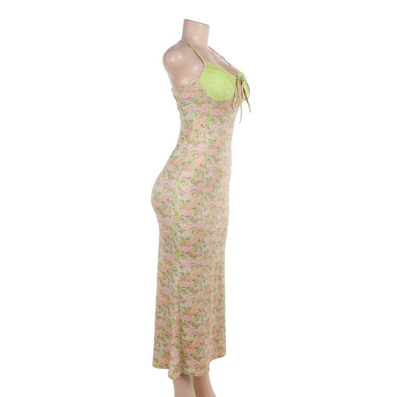 Sweetheart neck lace flower print knotted cami maxi dress