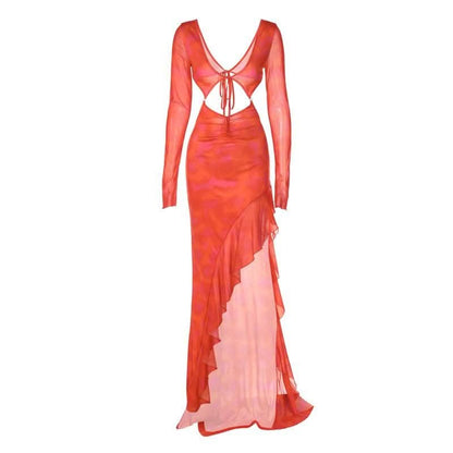 Long sleeve solid mesh slit v neck ruffle hollow out cut out maxi dress-final-sale