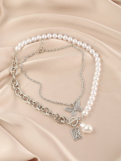 Butterfly faux pearl beaded chain 2 pcs pendant necklace