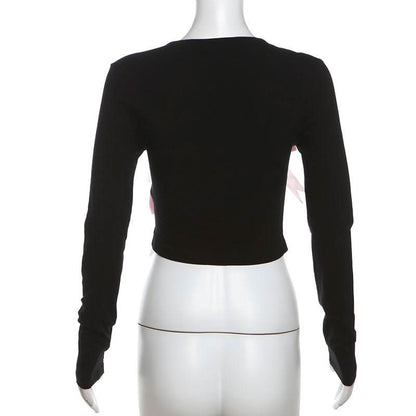 Long sleeve bowknot crewneck applique crop top