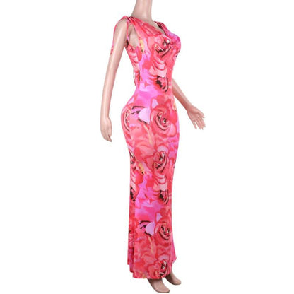 Cowl neck self tie flower print backless maxi dress