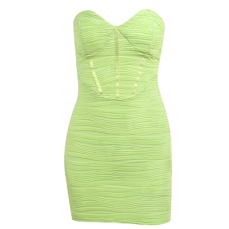 Strapless Sweetheart Neck Corset Boning Horizontal Ruched Bodycon Mini Dress
