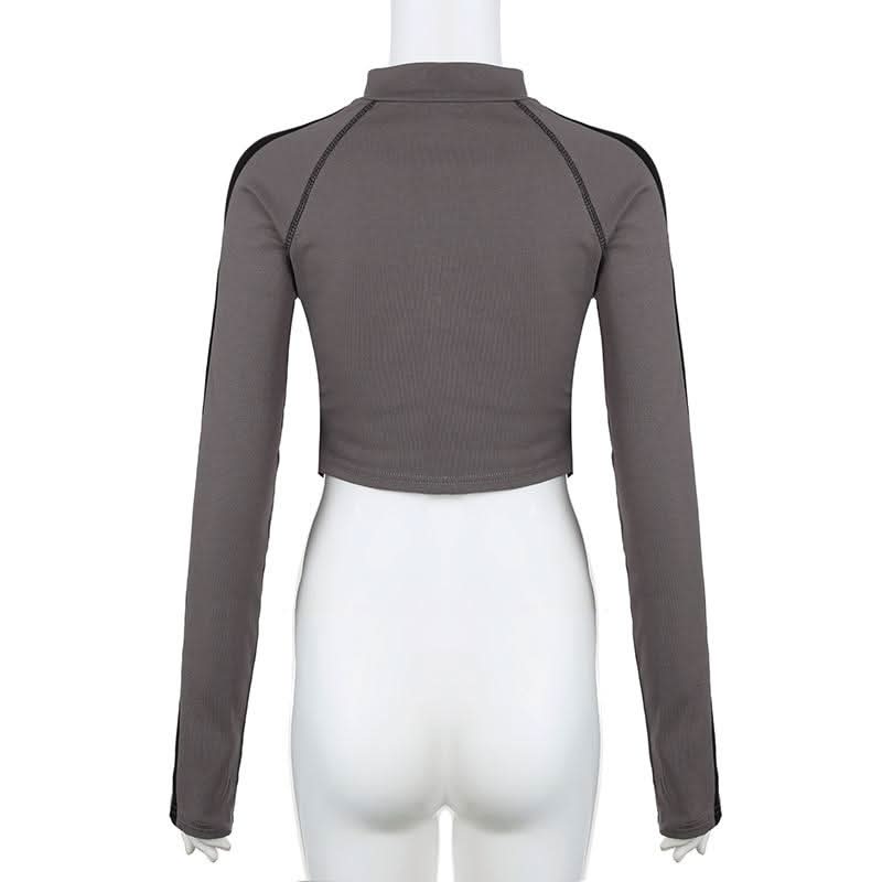 High neck long sleeve tag zip-up top