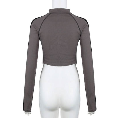 High neck long sleeve tag zip-up top